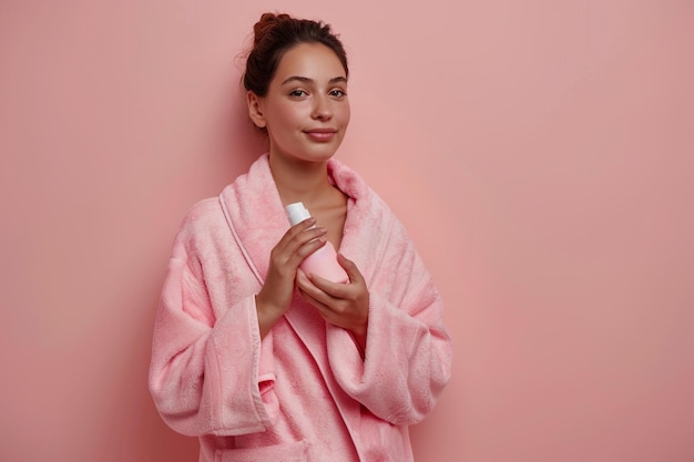 Photo fashionable beautiful woman in bathrobe with skincare products in soft pink elegant skincare routine stylish portrait with modern background