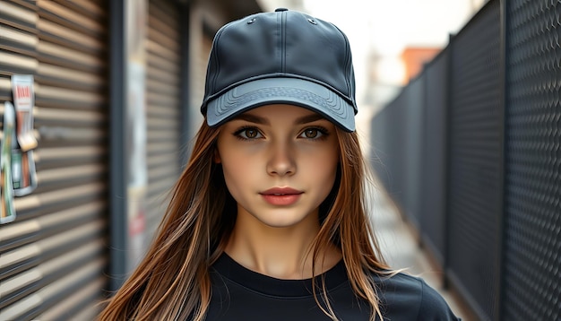 Photo fashionable beautiful young girl in a mockup black cap with a black tshirt on a metal background