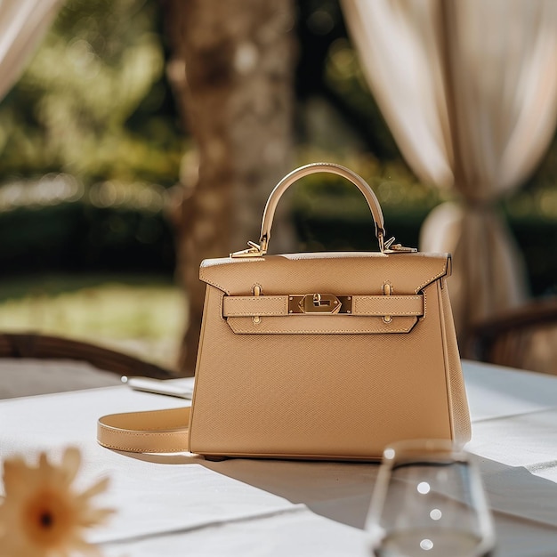 Photo a fashionable beige handbag on an outdoor table with sunlight shining on the bag and a clean and si