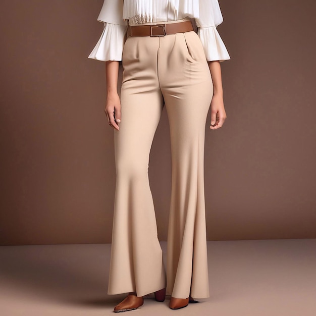 Fashionable beige pants and blouse for women Studio shot