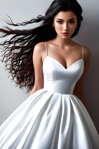 Fashionable brunette woman in white dress with flying hair