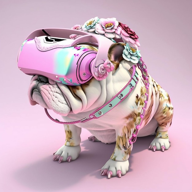 Fashionable bulldog wearing VR headset in fairy kei style