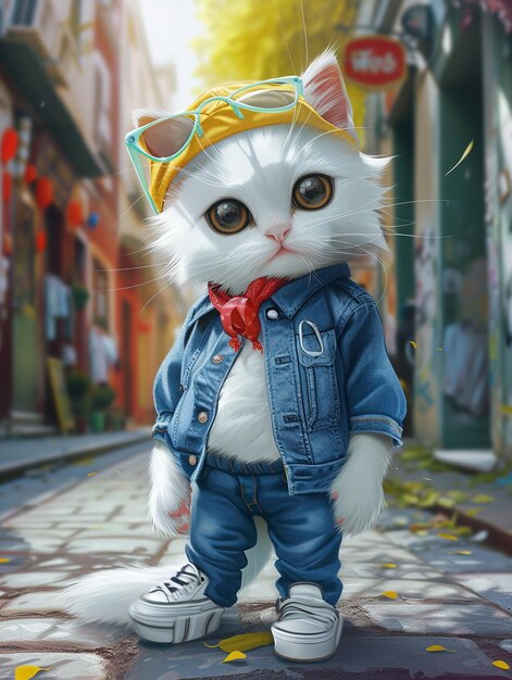 Fashionable cat in the city Cat dressed in a jacket jeans and sunglasses