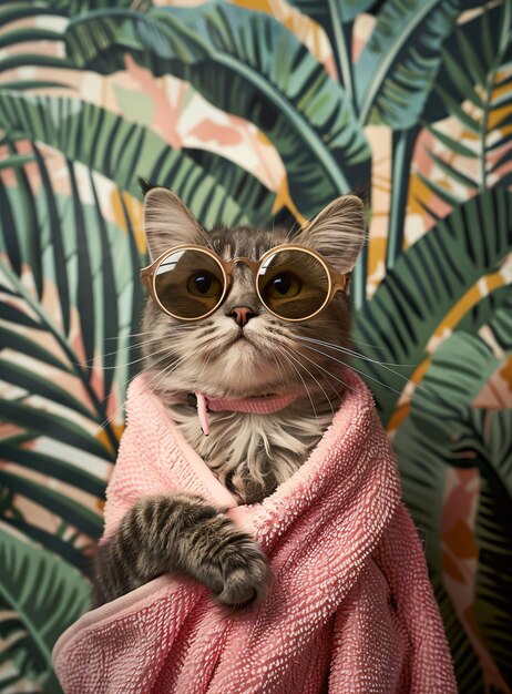 Photo fashionable cat in sunglasses and robe