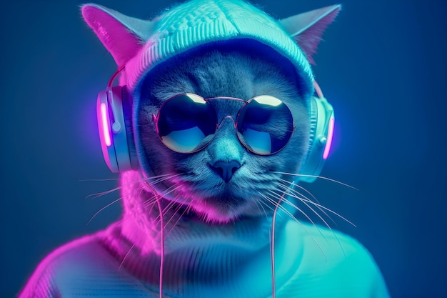 Fashionable Cat wearing headphones music antrophomorfic cat neon lights