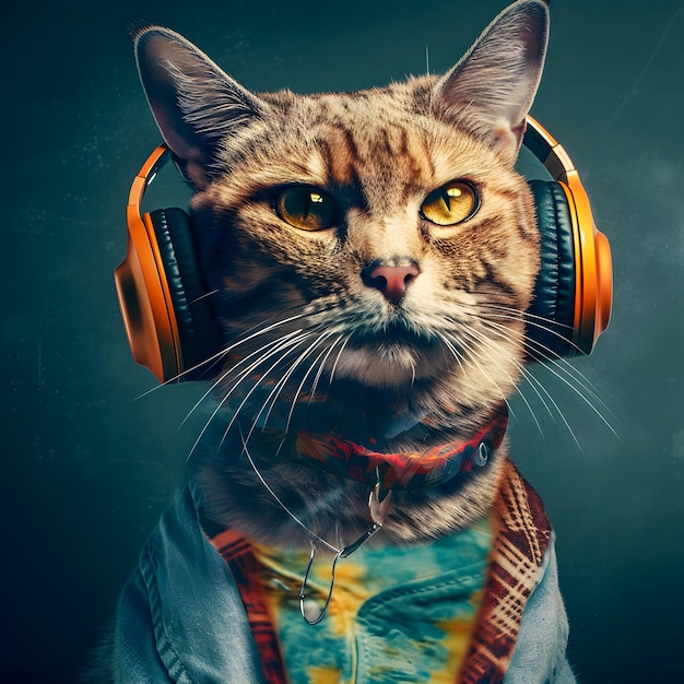 Fashionable Cat wearing headphones music antrophomorfic cat neon lights