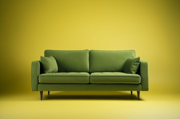 Fashionable comfortable stylish green fabric sofa with gray legs on green background with shadow