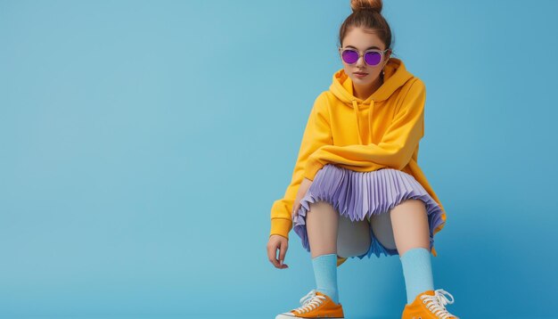 Photo fashionable confident girl wearing purple sunglasses pleated mini skirt yellow hoodie socks high