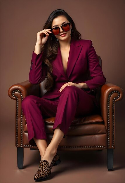 Fashionable confident woman wearing elegant marsala color suit sunglasses leopard print loafer sho