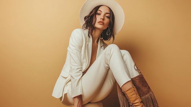 Photo fashionable confident woman wearing elegant white suit hat leather ankle boots holding brown suede