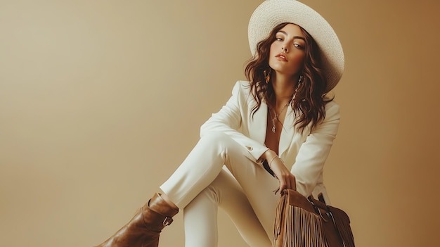 Photo fashionable confident woman wearing elegant white suit hat leather ankle boots holding brown suede