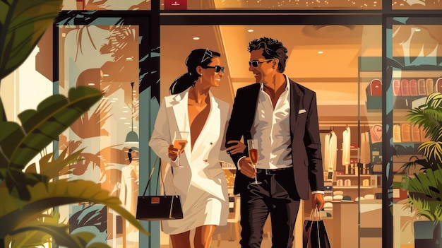 Fashionable Couple Perusing High End Boutiques in Vibrant City Streetscape