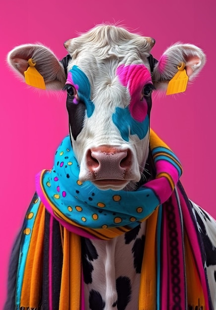 Photo fashionable cow with colorful scarf against bright pink background