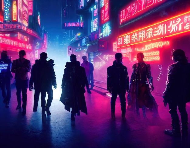 Fashionable cyberpunk crew people on the street of the night city of the future cyberpunk city