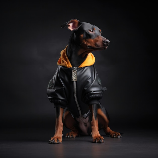 A fashionable dog wears a black and brown hoodie keeping them warm and comfortable during the colder months Stylish pet apparel AI Generative