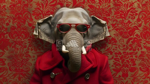 Fashionable Elephant in Vibrant Red Coat and Sunglasses with Patterned Background