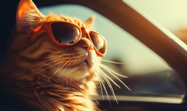 Fashionable feline in shades enjoys a leisurely moment in a sleek car showcasing a trendy and confident vibe