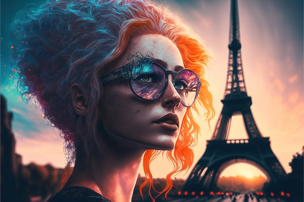 Fashionable girl wearing sunglasses portrait with Eiffel tower