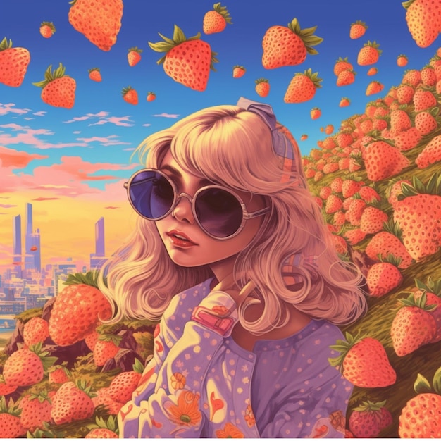 Fashionable girl with strawberry on the background of the city