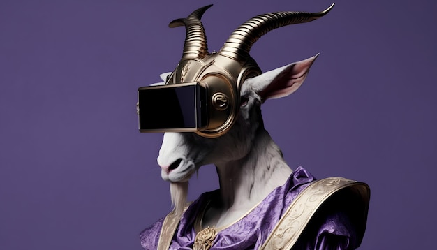 fashionable goat, with vr glasses and fancy clothes, digital illustration, 3d render