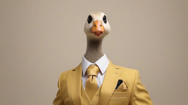 Photo fashionable goose in a yellow suit and bow tie on a gray background