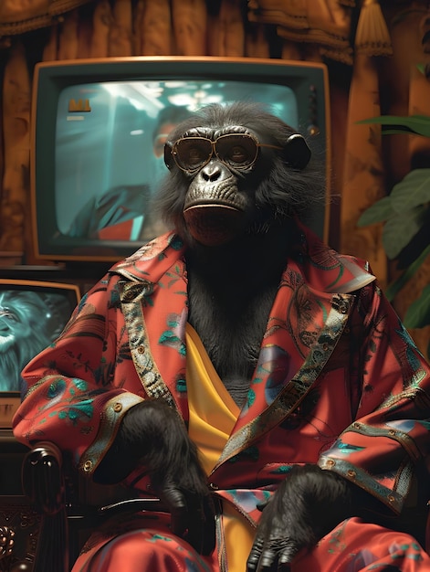 Fashionable Gorilla in Human Clothes Reflective Expression Sitting In Chair AiGenerated