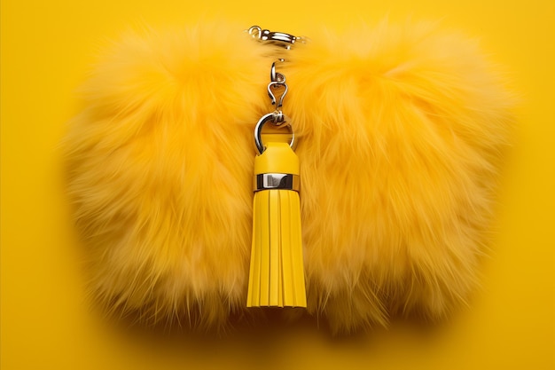 Fashionable House Keys with Houseshaped Keychain on Luxurious Fur Pillow on Yellow Background