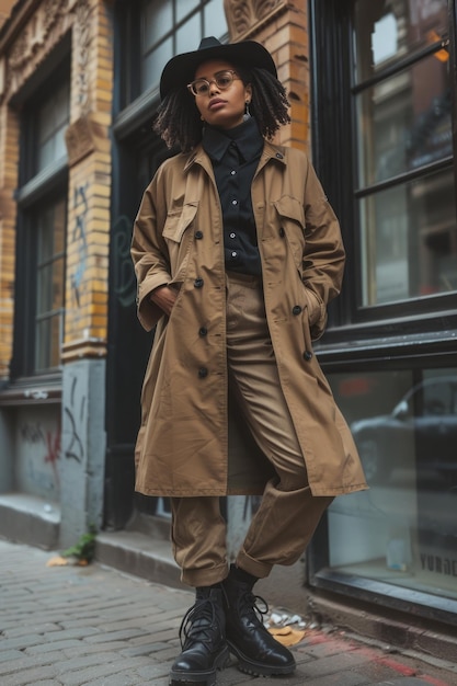 Photo fashionable individual in a stylish trench coat black boots and widebrimmed hat posing