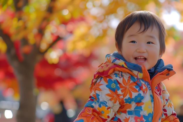 Fashionable Jacketwearing Asian Toddler Joyfully Strolls Through Beautiful Autumn Park