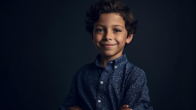 A fashionable kid model stands in a studio looking directly at the camera