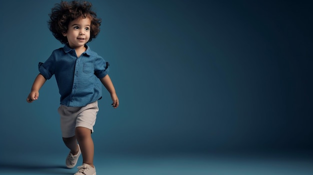 A fashionable kid model stands in a studio looking directly at the camera