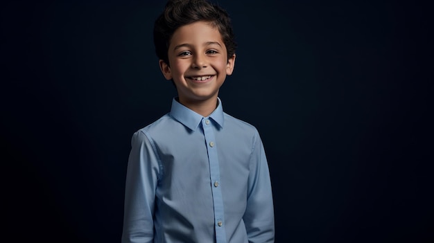 A fashionable kid model stands in a studio looking directly at the camera