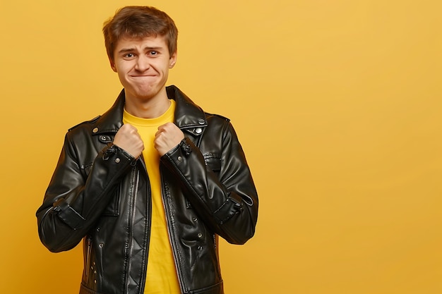 Fashionable man in black leather jacket posing self confidence