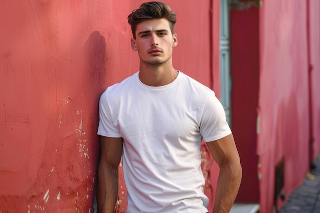 Fashionable man in blank t shirt against street wall