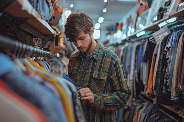 Fashionable Man Browsing Sustainable Clothing Options at Thrift Store