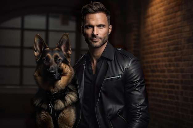 A fashionable man in edgy attire confidently posing with his majestic german shepherd