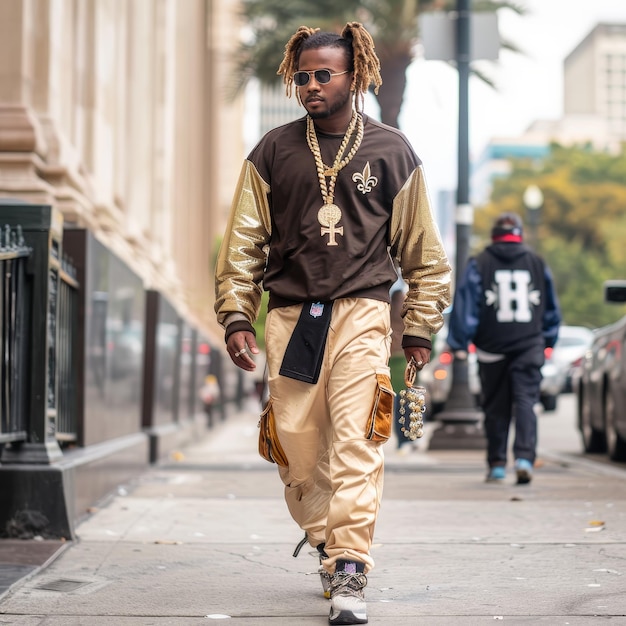 Photo fashionable man poses outside gucci fashion show building during milan womens fashion week in milan