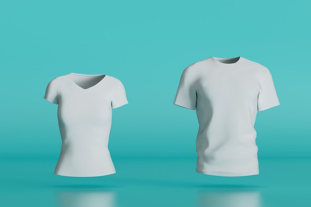 Fashionable men's and women's white Tshirts on a turquoise background 3D render