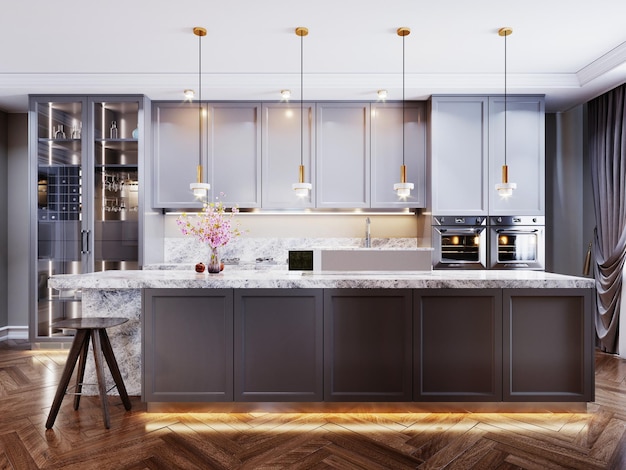 Fashionable modern kitchen with gray contemporary furniture, a kitchen island with a bar counter and two chairs, beige walls and parquet floor. 3D rendering.