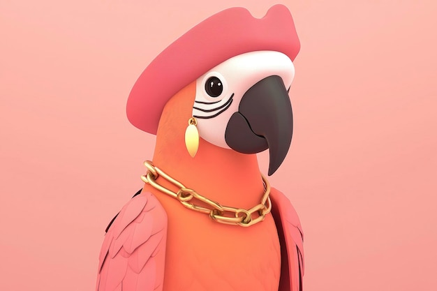 Photo fashionable parrot with pink hat and gold chain