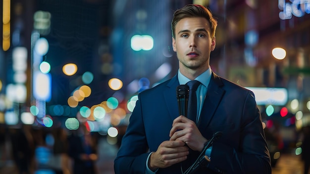 Fashionable person in a formal suit standing in a night street filled with city lights Perfect for advertisement and lifestyle content The vibrant urban scene adds depth AI