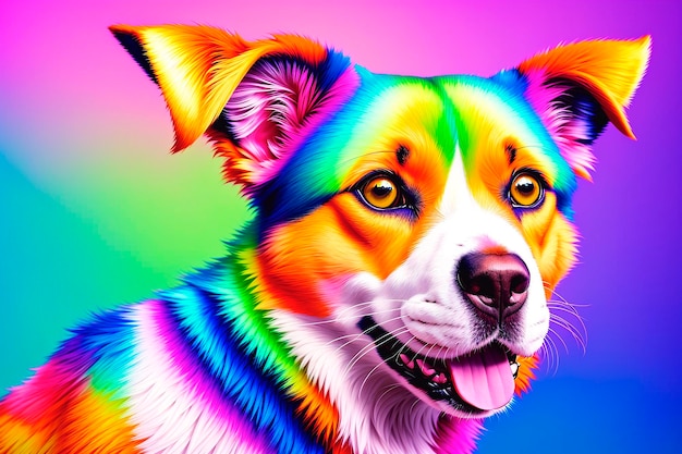 Fashionable portrait of a multicolored dog Colorful background Generative AI