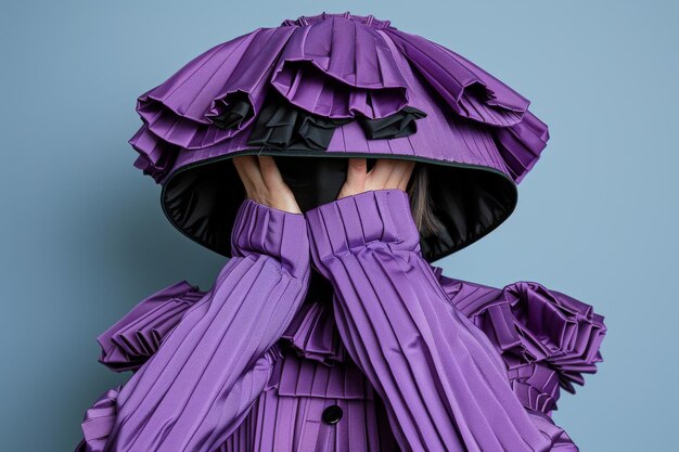 Photo fashionable portrait of a person in a purple ruffled outfit set against a light blue background h