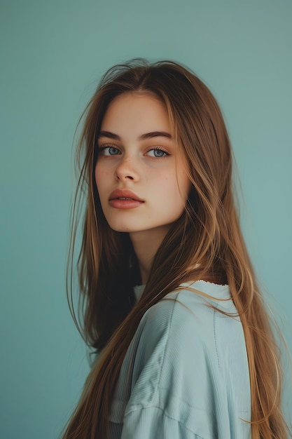 Fashionable portrait of a slender blonde with long chic hair in a light blue dress