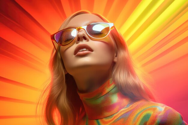 A fashionable portrait of a woman with bright clothes in a psychedelic style fashion and trends