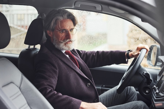 Fashionable senior man in elegant clothes is in the modern car.