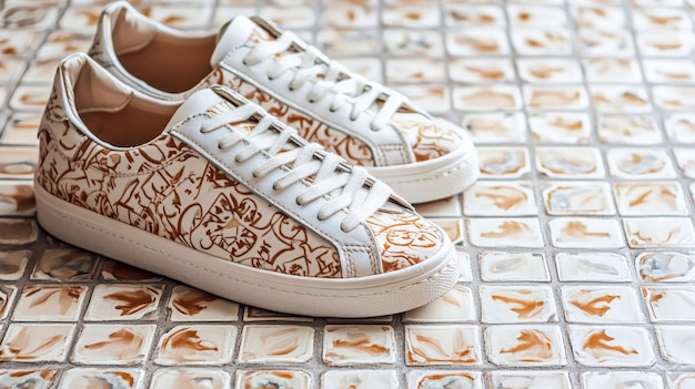 Fashionable Sneakers on Tiled Background