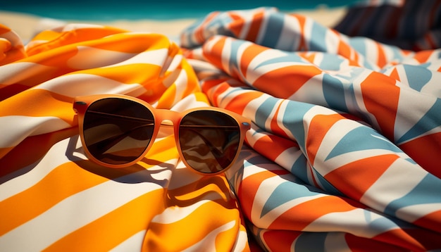 Fashionable sunglasses reflect vibrant colors of summer vacations generated by artificial intelligence