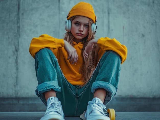 Fashionable teenager posing with skateboard and headphones