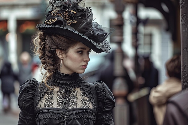 Fashionable Victorian woman in high collar dress walking street